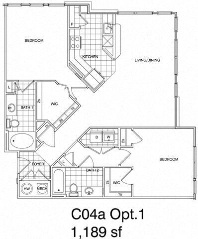 Floor Plan - 2 Bedroom, 2 Bath 1189 SF KC4.1
