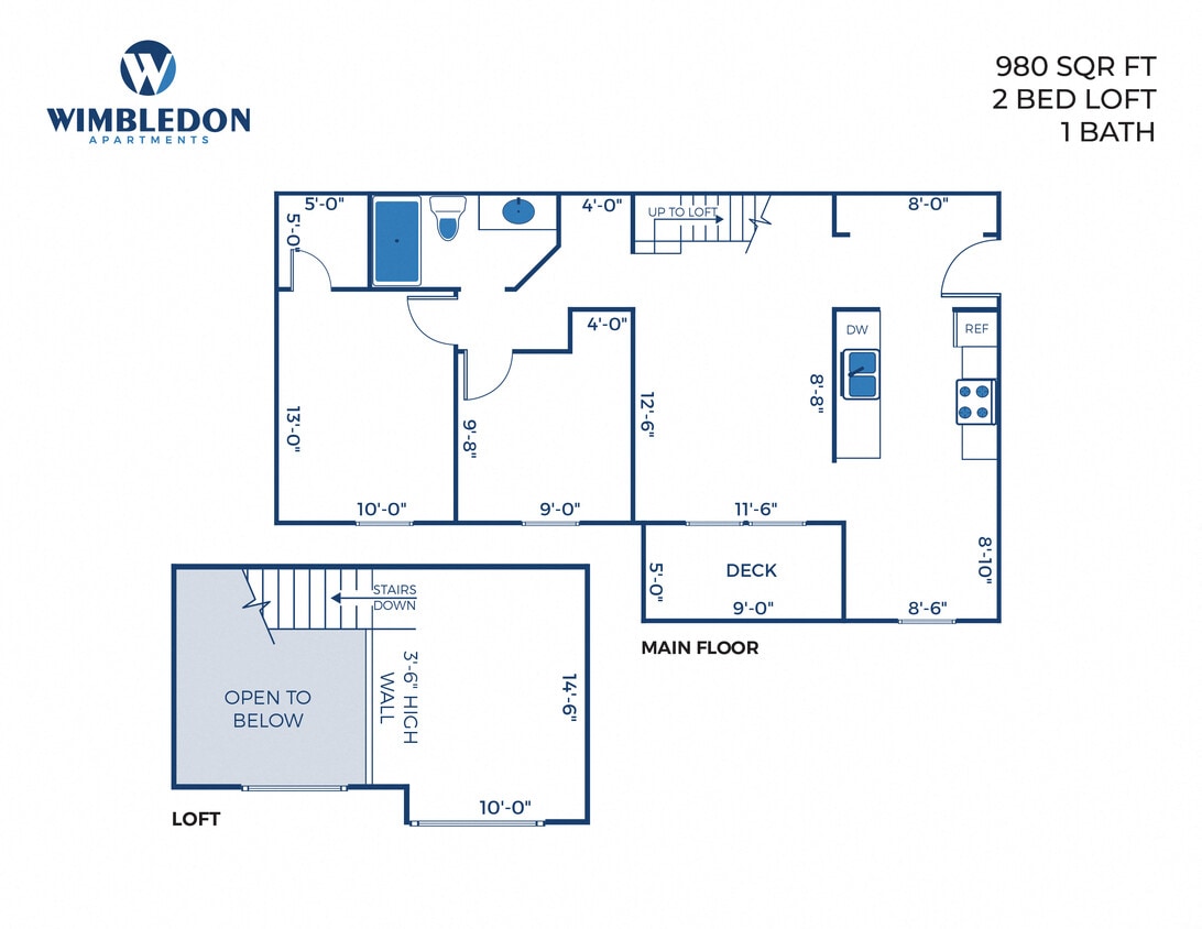 Floor Plan - 2 Bed, 1 Bath Loft - 980 sq ft