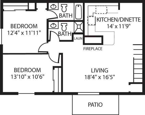Floor Plan - 2 Bed, 2 Bath Upper (B1)
