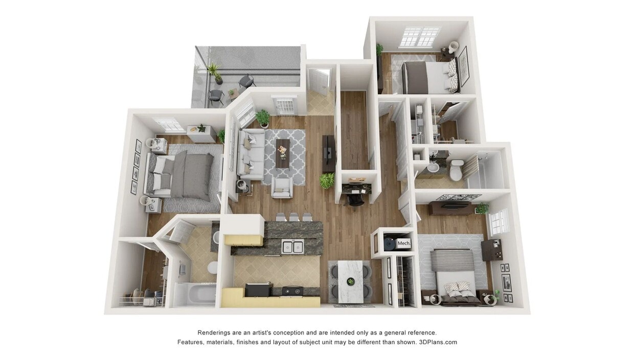 A 3D floor plan rendering of The Bellagio. - The Bellagio