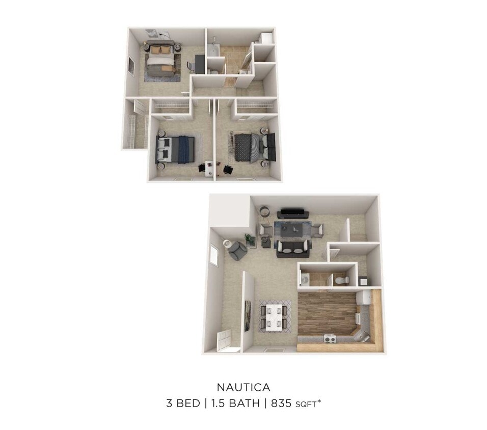 Floor Plan - Three Bedroom 1.5 Bath - 835 sqft