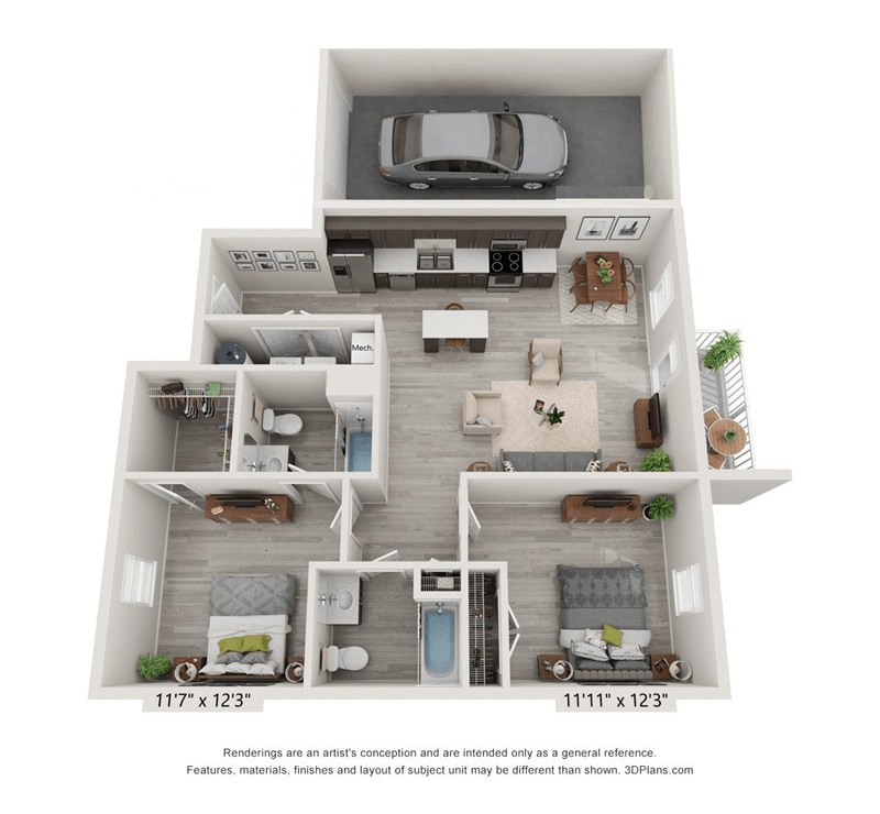 Floor Plan - 2 Bedroom, 2BA with Attached Garage