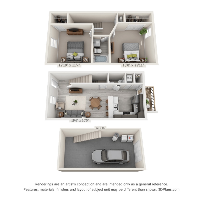 Floor Plan - 2 Bedroom, 1.5BA Townhome with Drive Under Garage