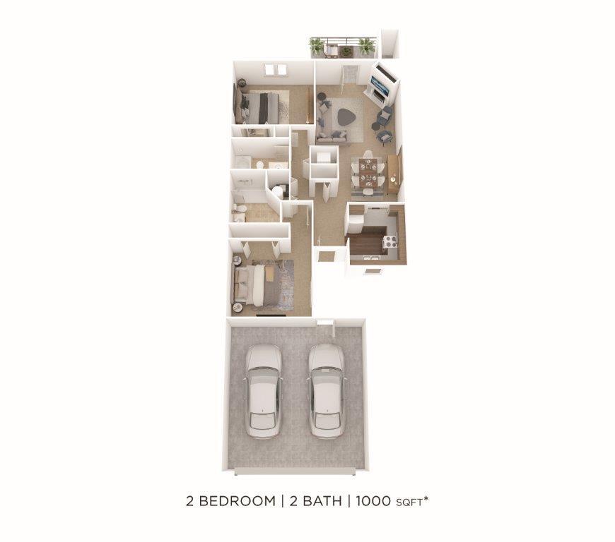 Floor Plan - Two Bedroom 2 Bath Townhome- 1000 sqft