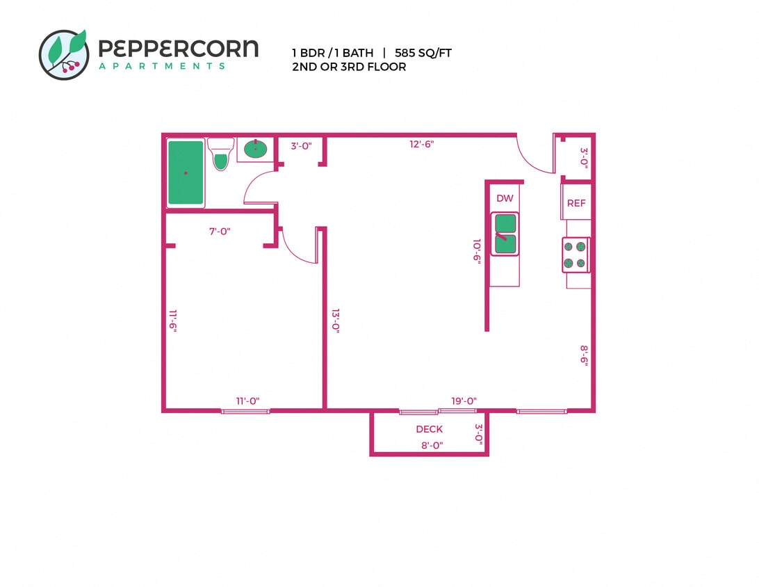 Floor Plan - 1 Bed, 1 Bath - 585 sq ft