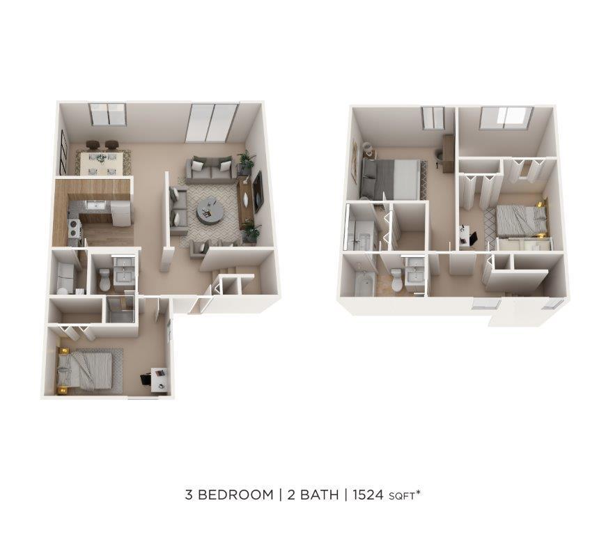 Floor Plan - Three Bedroom 2 Bath- 1,524 sqft