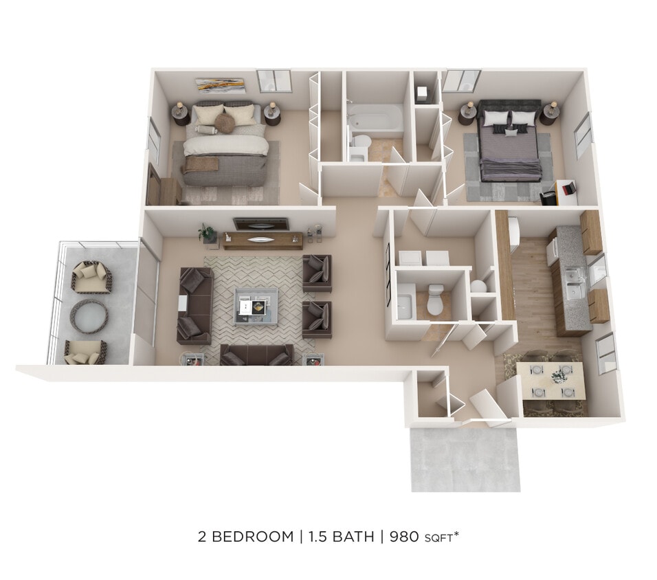 Floor Plan - Two Bedroom 1.5 Bath Townhome-980 sqft