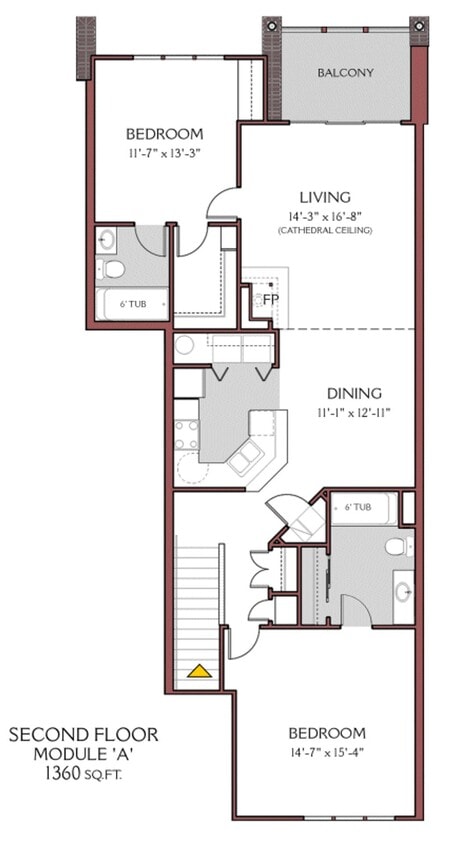 Floor Plan - 2 Bed/2 Bath - A (2nd floor) with Wood Floors