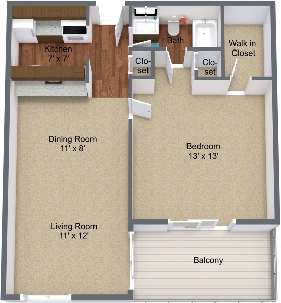 1BR, 1BA - 656 SF - Pine Hill - Small 1BR