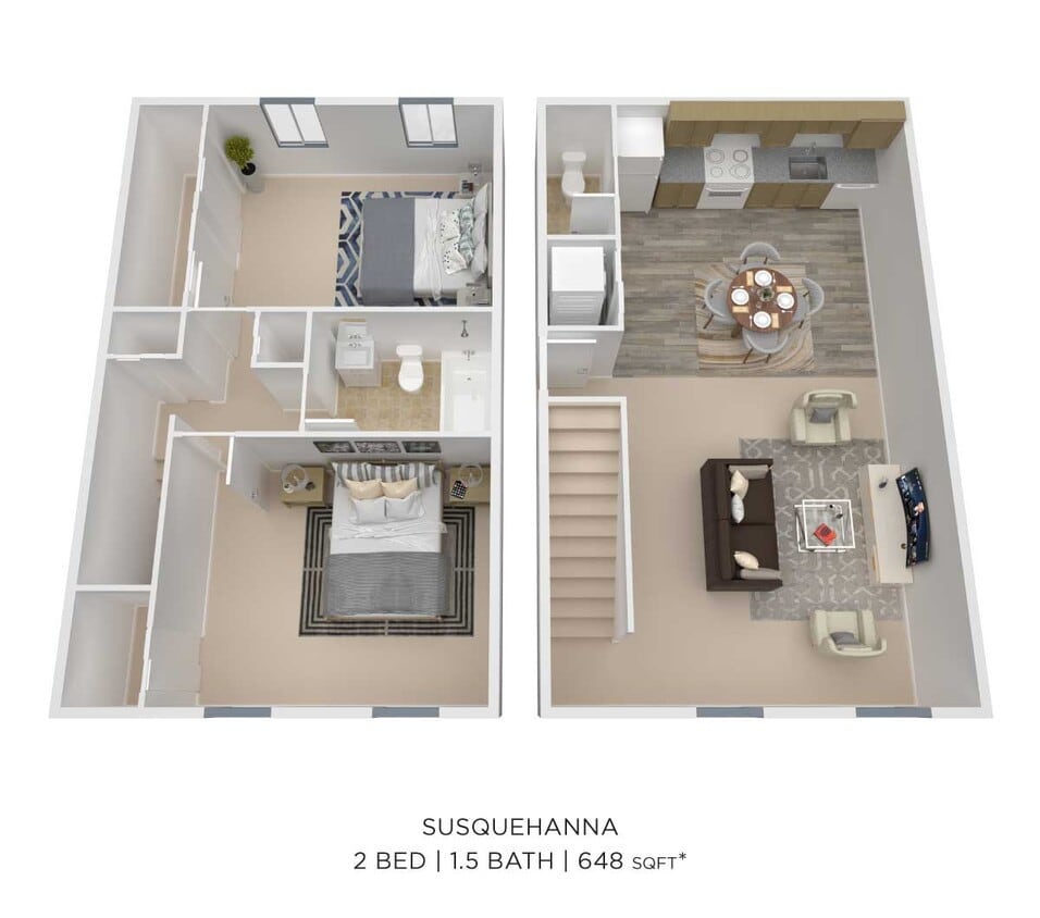Floor Plan - Two Bedroom 1.5 Bath - 648 sqft