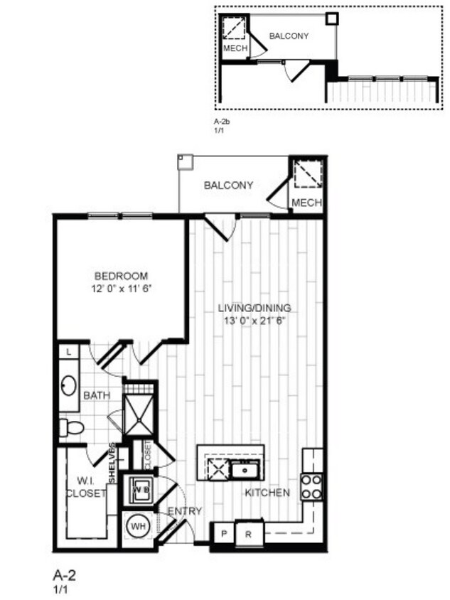 Floor Plan - 1 Bed, 1 Bath - A2b