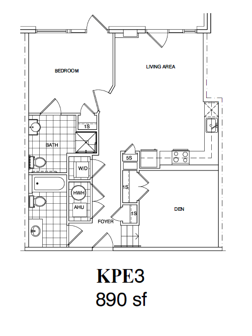 Floor Plan - 1 Bedroom + Den, 2 Bath, 890 SF | KPE3