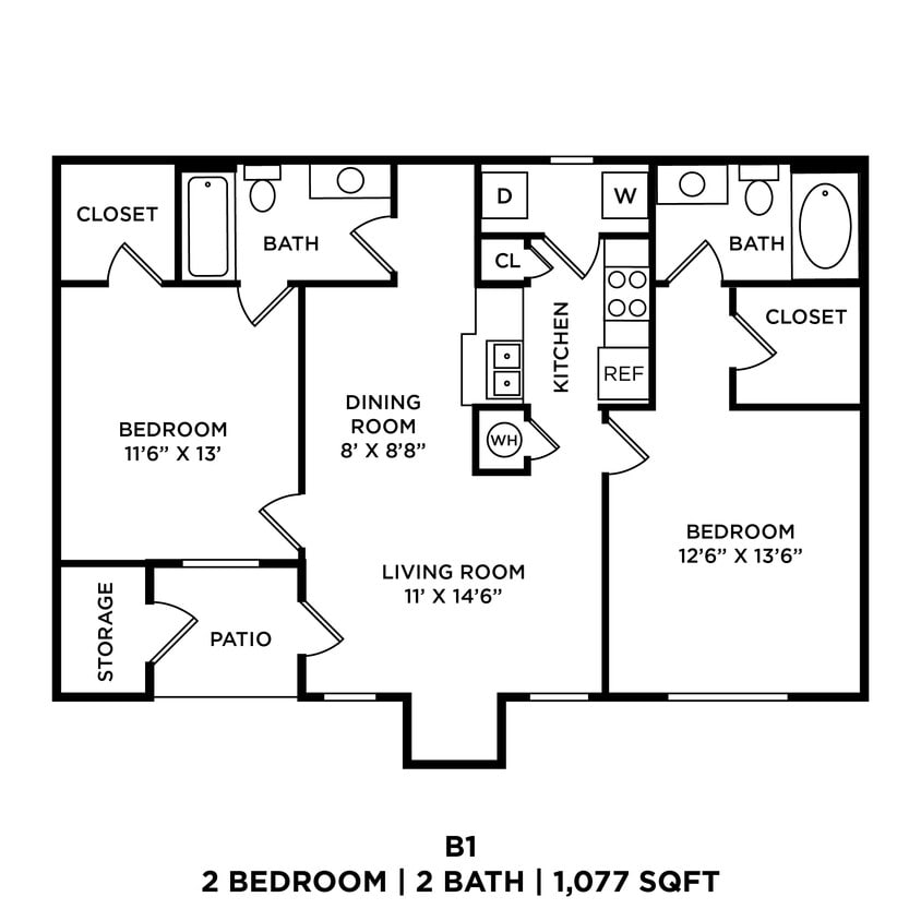 Floor Plan - Two Bedroom 2 Bath - 1,077 sqft
