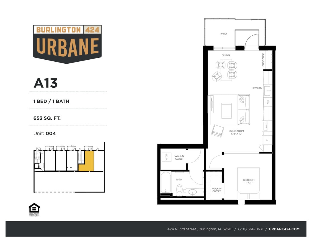 1 Bedroom Model A13 Floor Plan - A13 - 1 Bed / 1 Bath