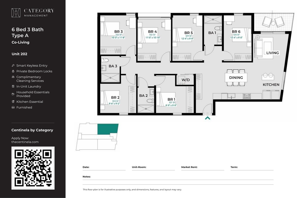CENT_6_Bed_3_bath_Type_a - Private Bedroom in Shared 6 Bed 3 Bath - A