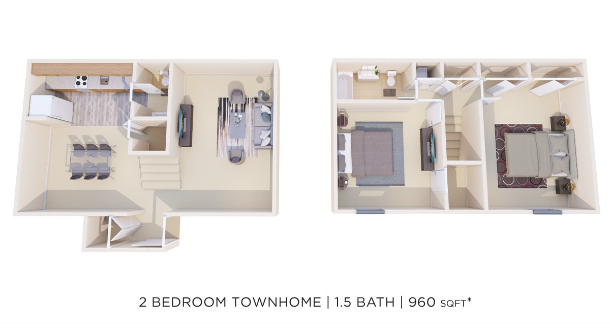 Floor Plan - Two Bedroom 1.5 Bath Townhome - 960 sqft
