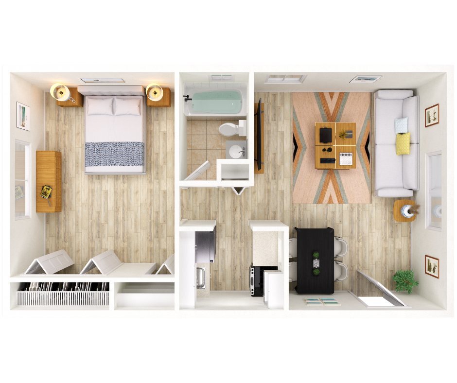 Elegant 1-bedroom apartment floor plan featuring a modern open-concept living room, a cozy dining area, and a sleek kitchen. Includes a stylish bathroom and spacious closet, complemented by natural wood flooring. - A1