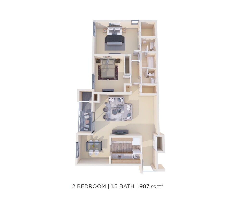 Floor Plan - Two Bedroom 1.5 Bath - 987 sqft
