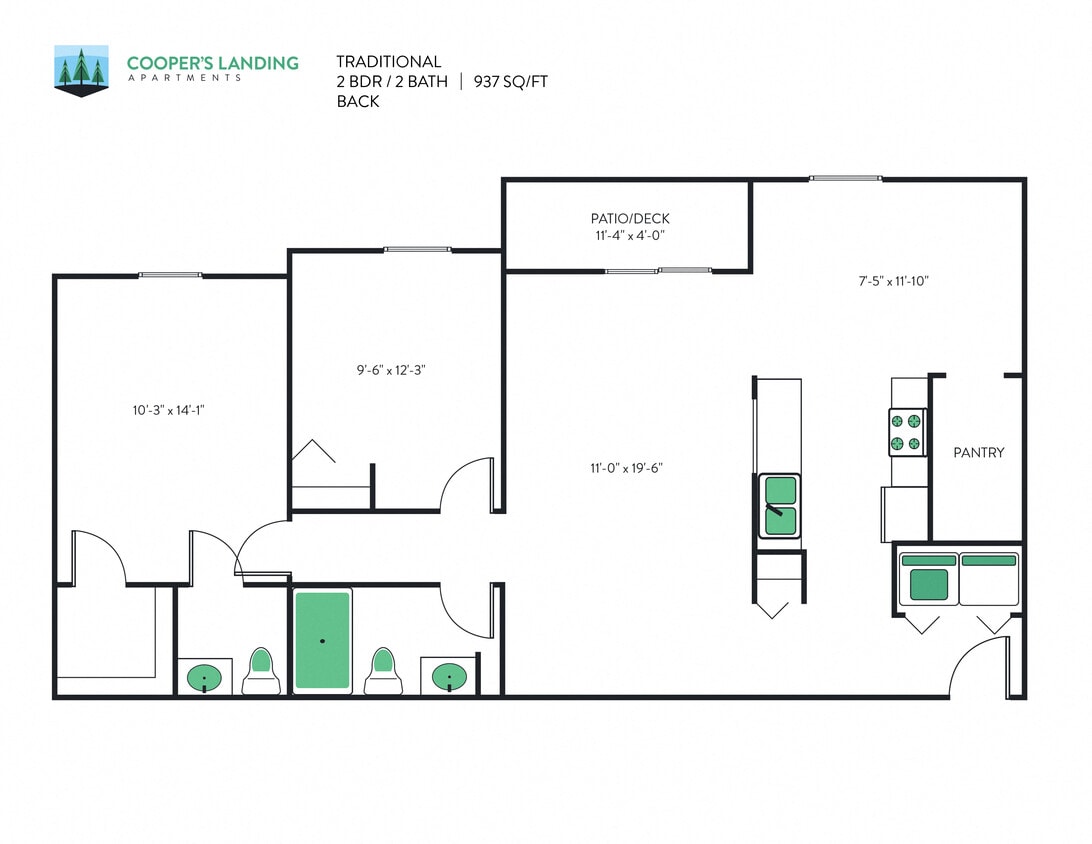 Floor Plan - 2 Bed, 1.5 Bath - 937 sq ft