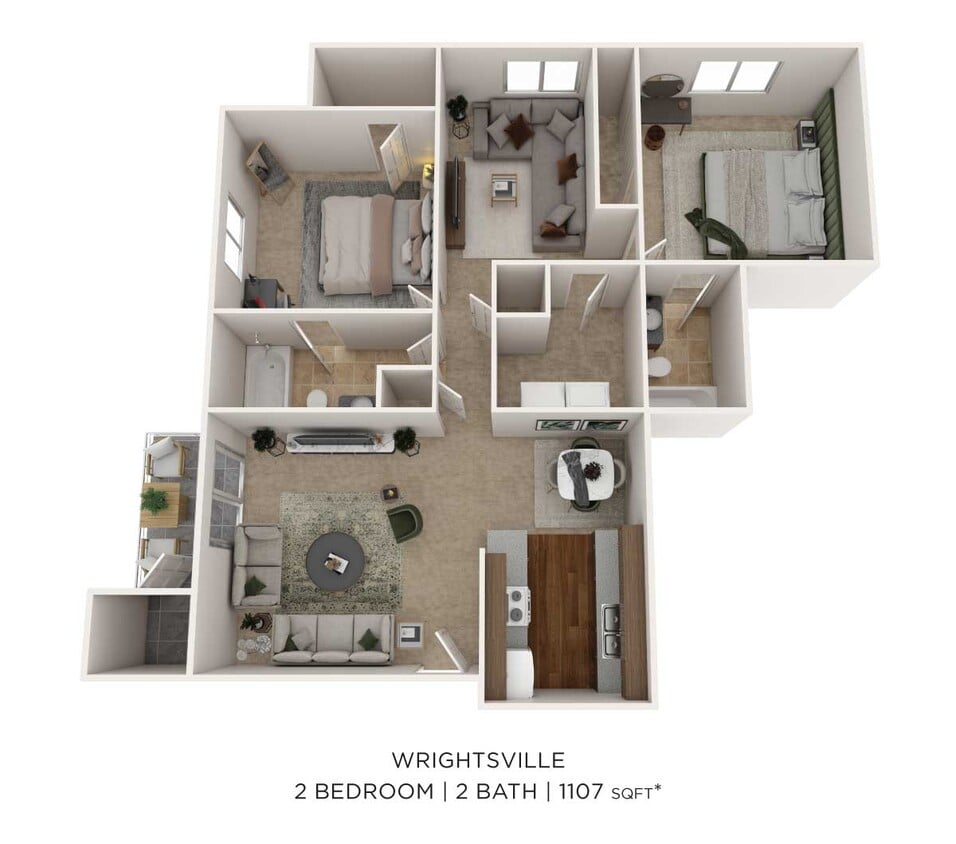 Floor Plan - Two Bedroom 2 Bath - 1,107 sqft