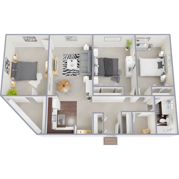C1 - Three bedroom, one bath, 980 square foot apartment - C1