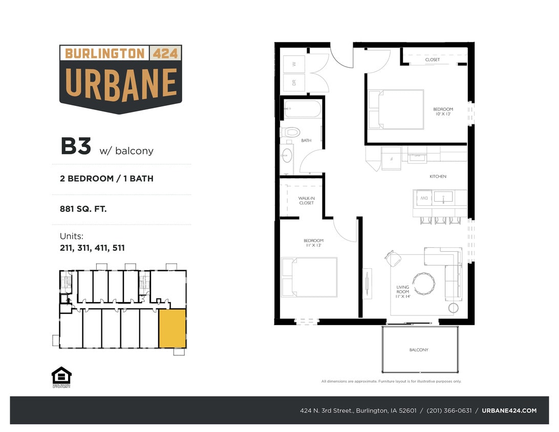 2 Bedroom Model B3 Floor Plan - B3 - 2 Bed / 1 Bath