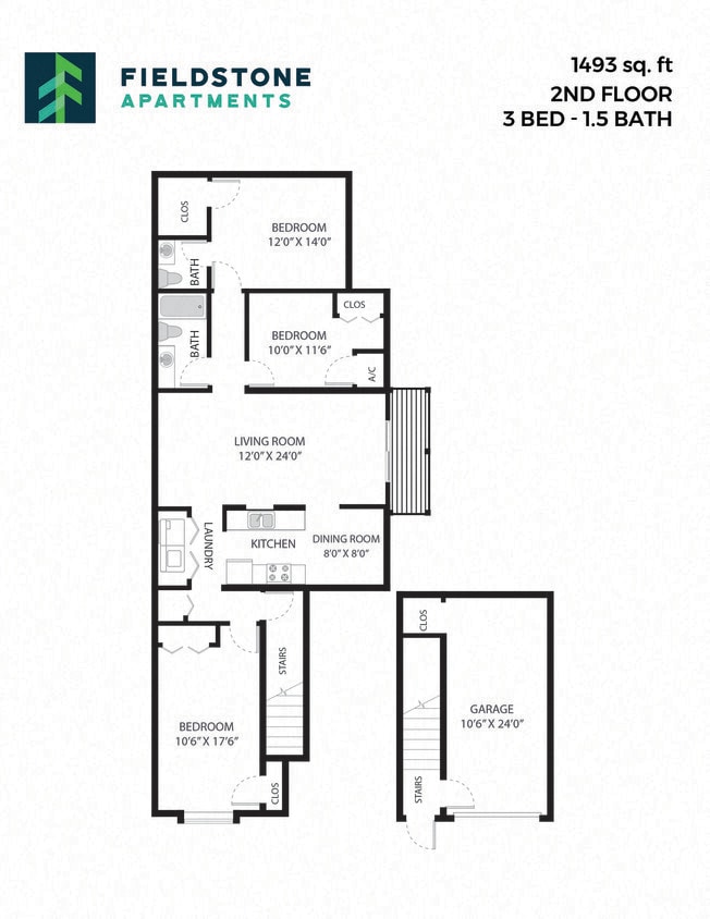 Floor Plan - 3 Bed, 1.5 Bath - 1,493 sq ft