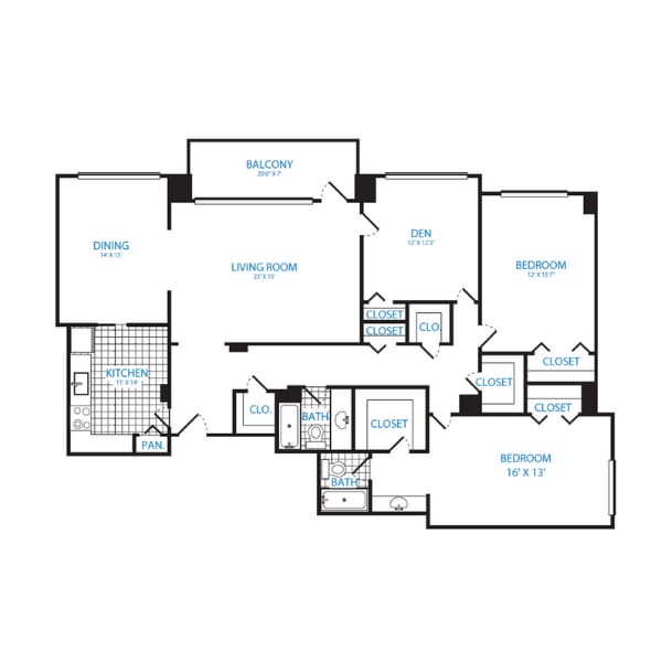 Floor Plan - 2 Bedroom + Den, 2 Bath 1801 SF C2