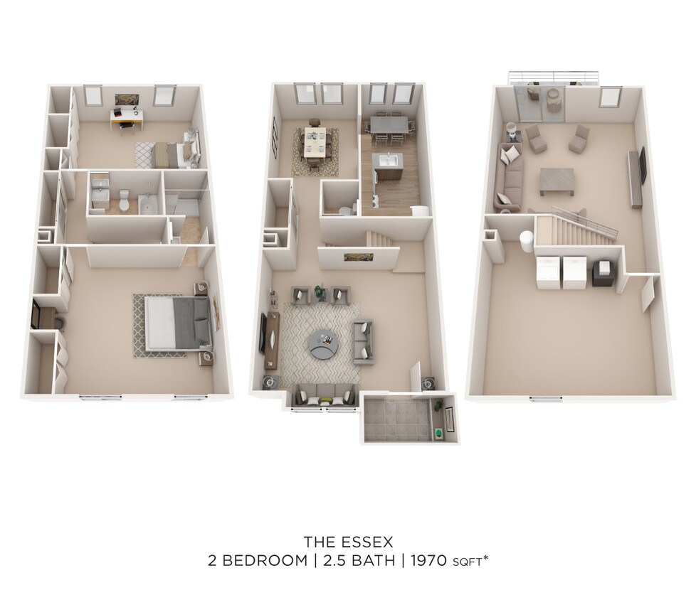 Floor Plan - Two Bedroom 2.5 Bath Townhome - 1,970 sqft