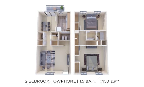 Floor Plan - Two Bedroom 1.5 Bath Townhome - 1,450 sqft