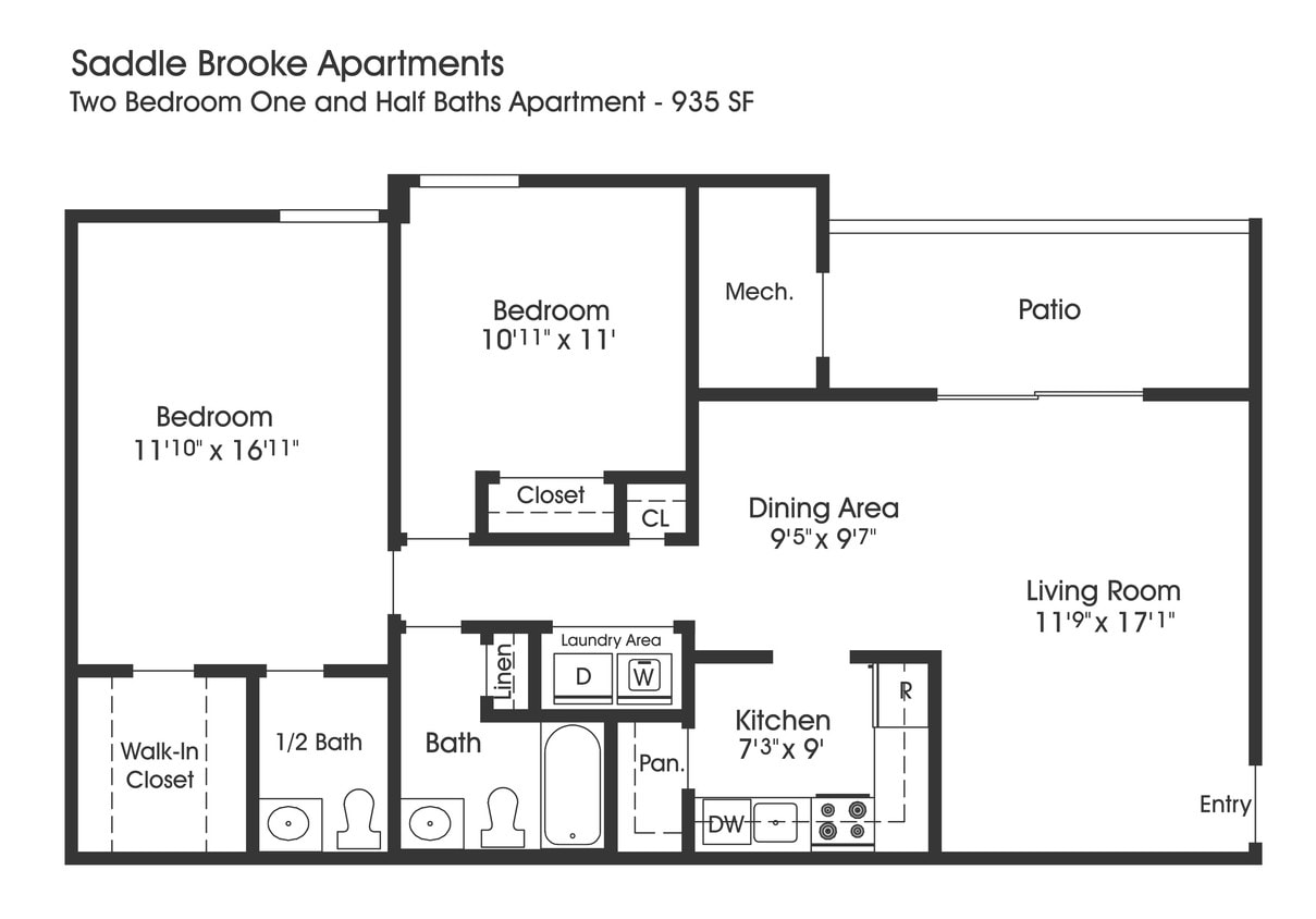 Floor Plan - 2BR 1.5BA (935sf)