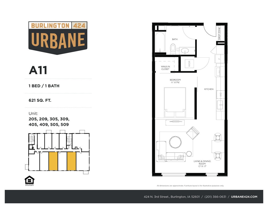 1 Bedroom Model A11 Floor Plan - A11 - 1 Bed / 1 Bath