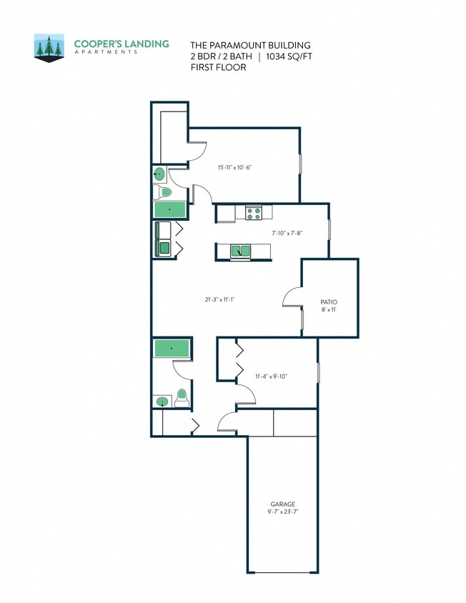 Floor Plan - 2 Bed, 2 Bath - 1034 sq ft