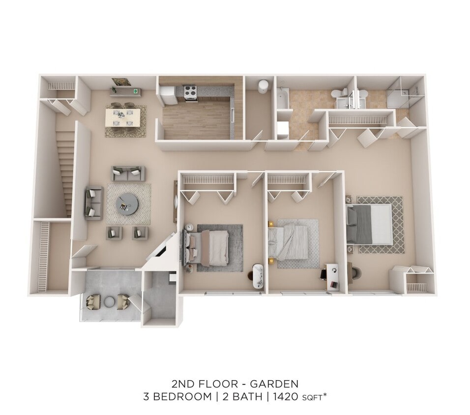 Floor Plan - Three Bedroom 2 Bath- 1420 sqft