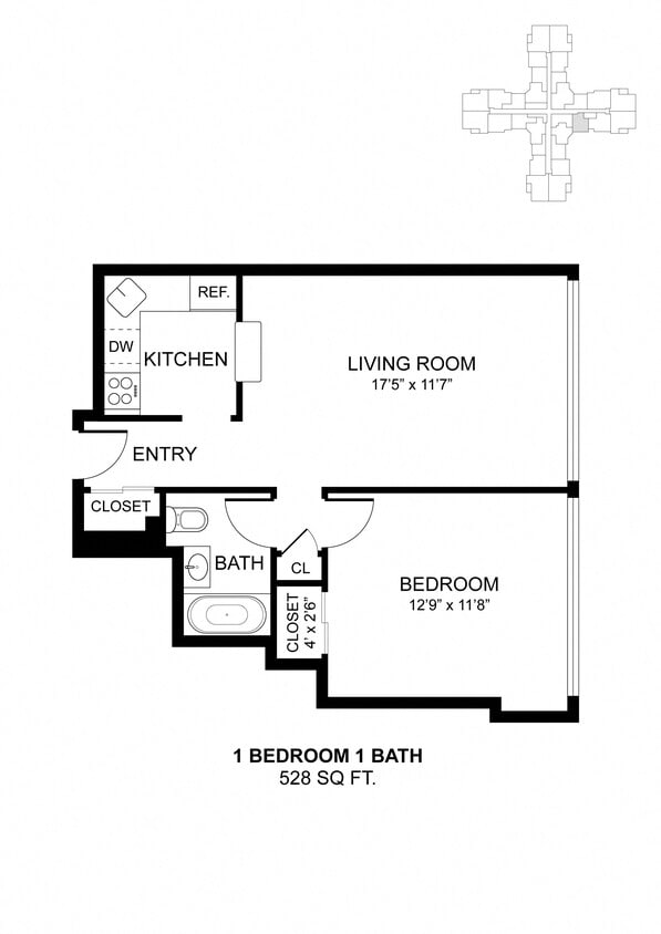 Floor Plan - 1 Bdrm 528 Sq Ft