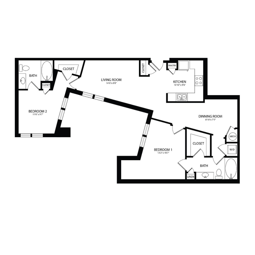 Floor Plan - 2 Bedroom, 2 Bath 1153 SF B13