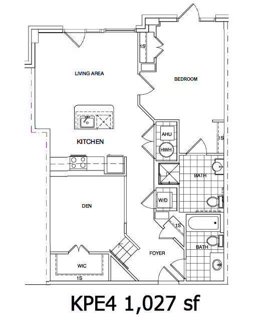 Floor Plan - 1 Bedroom + Den, 2 Bath, 1027 SF | KPE4