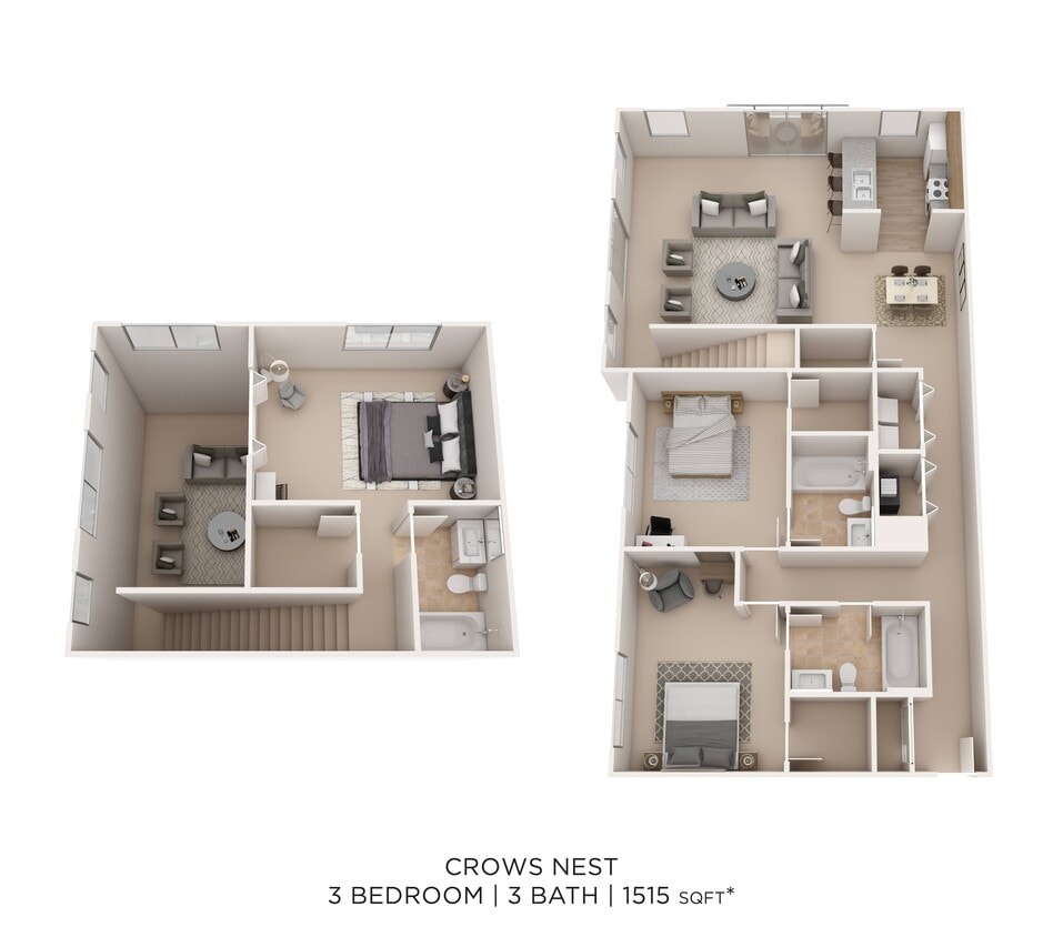 Floor Plan - Three Bedroom 3 Bath Townhome - 1,515 sqft