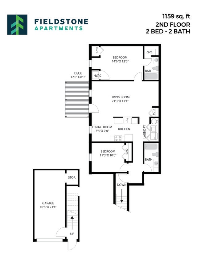 Floor Plan - 2 Bed, 2 Bath - 1,159 sq ft