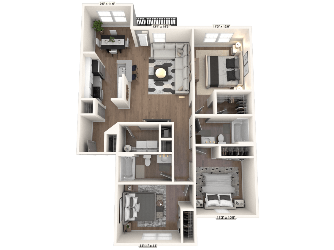 Floor Plan - The Waverly 3 BR 2 BA