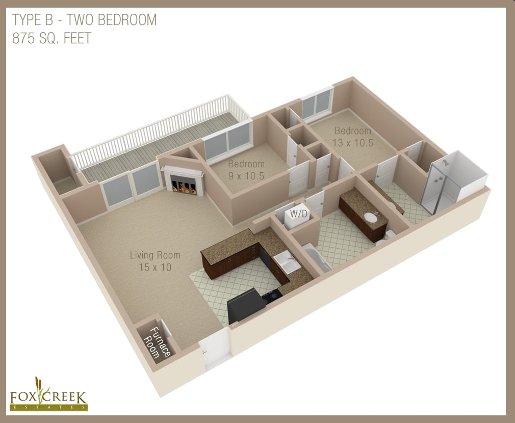 Type B - Estates - 2 Bed, 2 Bath - 875 Square Feet