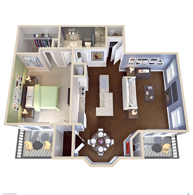 Floor Plan - 1 Bed 1 Bath  748 SF