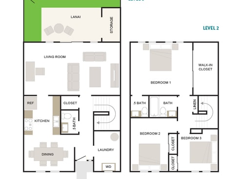 Floor Plan - Makai 3/1.5 1368sf Townhome