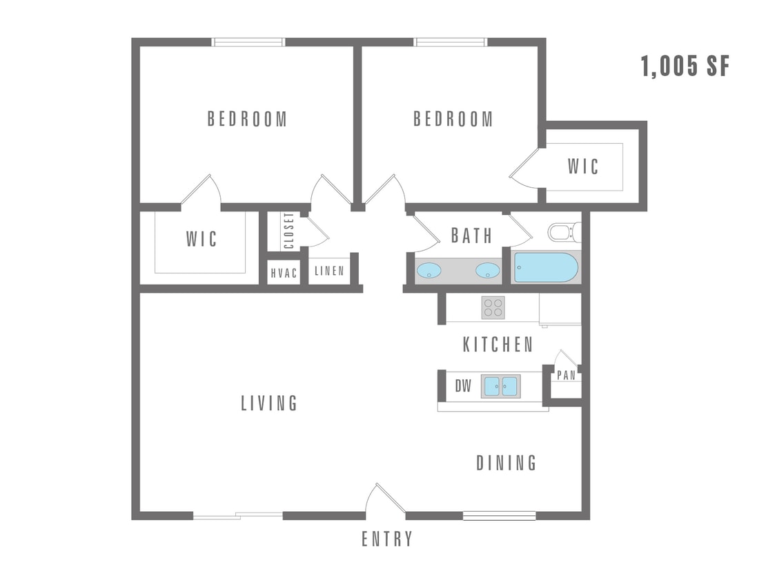 Two bedroom, two bathroom - 1,005 sq. ft. - 2 Bedroom 1 Bath