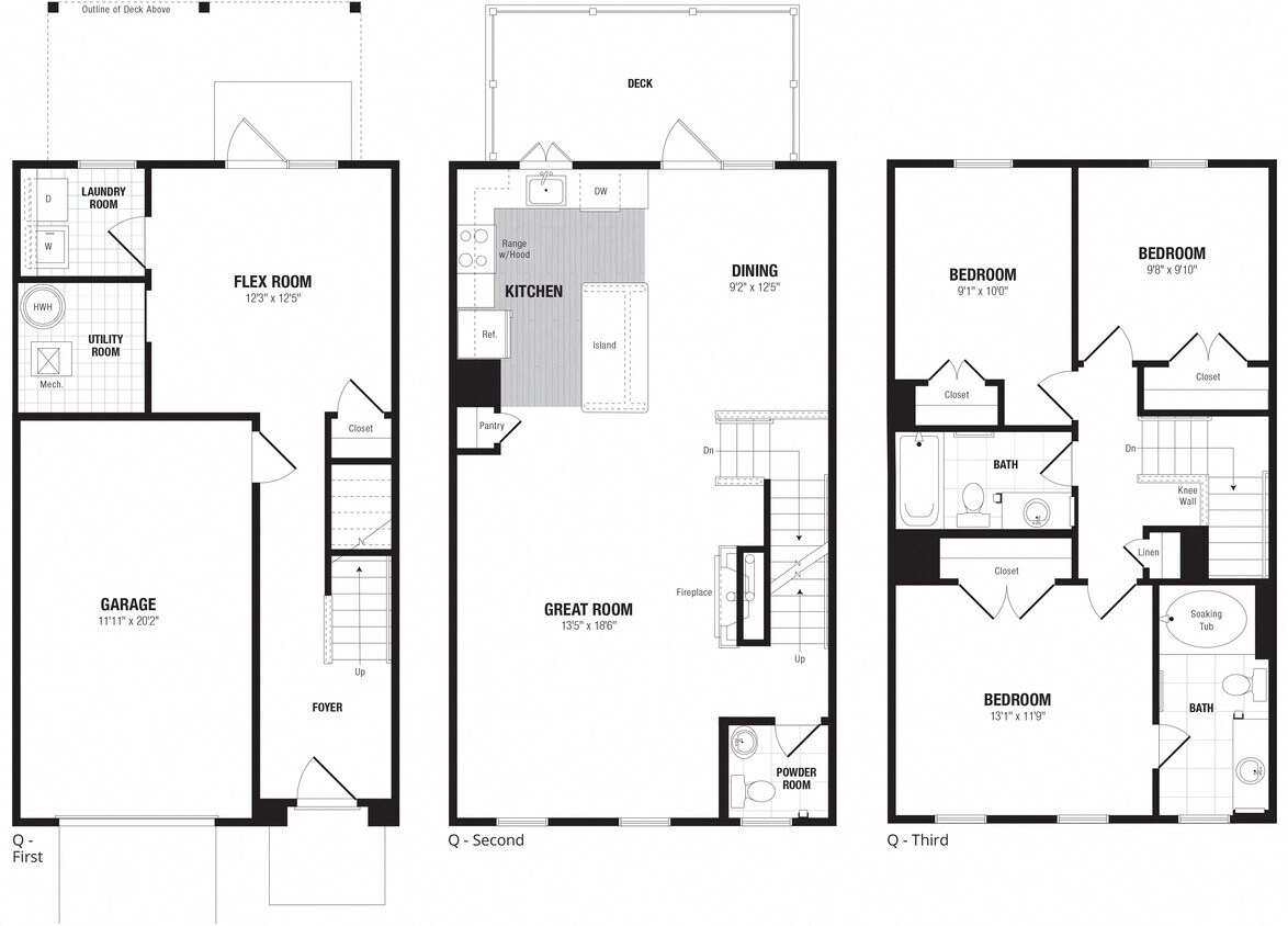Floor Plan - 3 Bed/2.5 Bath Townhome 1 Car Garage-Q