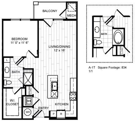 Floor Plan - 1 Bed, 1 Bath - A1T