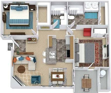 Floor Plan - 2BR - 2BTH (904 sq ft)