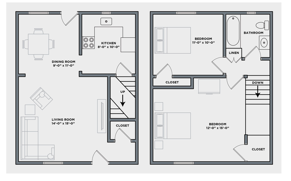 Floor Plan - Two Bed, One Bath | Townhome