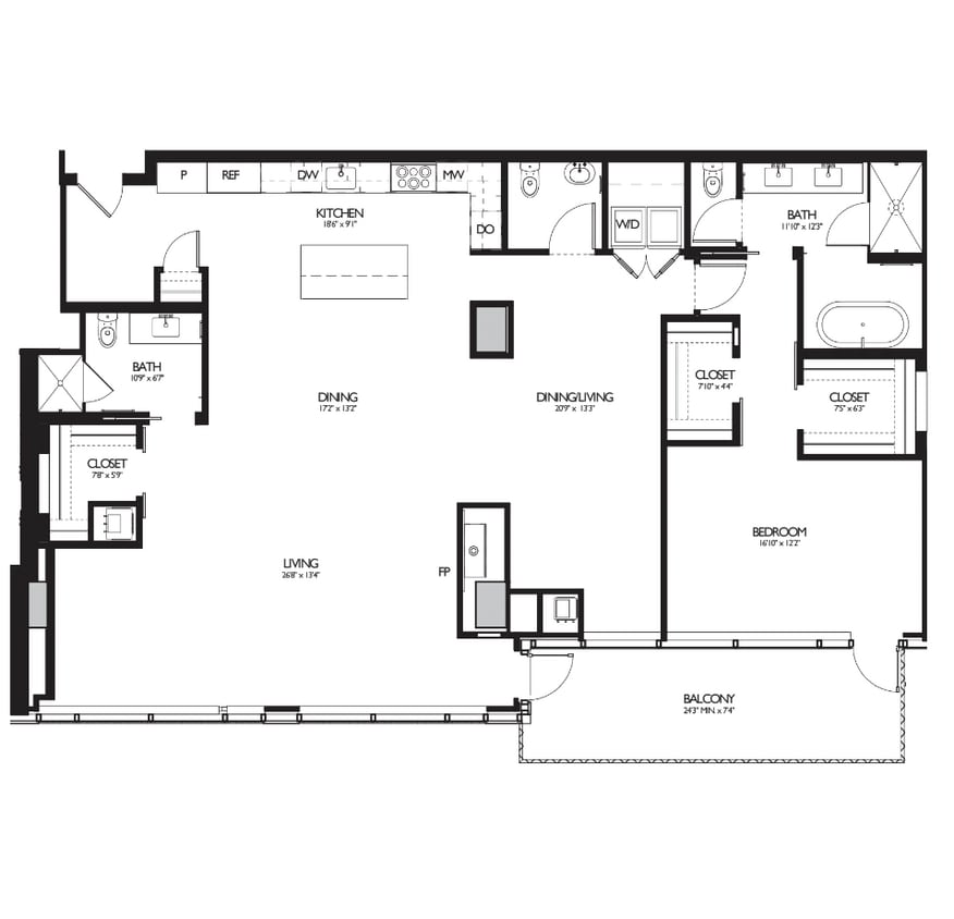 Floor Plan - 1 Bed 2.5 Bath