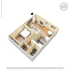 3D Floor Plan 1 - 1 Bed 1 Bath Reno